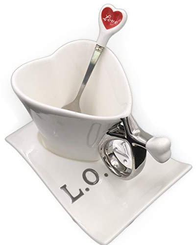 UUOUU Ceramic Coffee Mug Heart-Shaped Cups White Creative Milk Mug with Spoon Valentine's Day Gift Cup Sets for Lovers