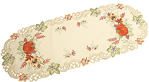 Quinnyshop Kürbis und Sonnenblume Stickerei Tischläufer 45 x 110 cm Polyester, Creme