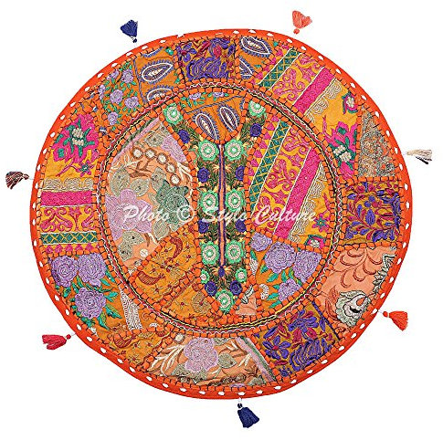 Stylo Culture Ethnisch Dekorativ Rund Bodenkissenbezug 45x45 cm Klein Bodenkissen Patchwork Vintage Orange Boho Patchwork Wohnzimmer Baumwolle Bestickt Boden Sitzkissen Wohnzimmer