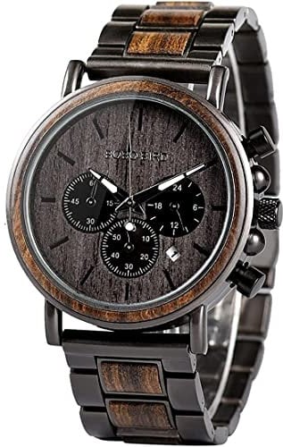 BOBO BIRD Men Wooden Watches Business Casual Wristwatches Stylish Ebony Wood & Stainless Steel Band Multi-Function Chronograph Watch