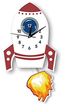 Martin Kench Cartoo Kinder Wanduhr, Uhr ohne Tickgeräusche, Kreativität Kinderuhr für Kinderzimmer, Lautlos Uhrwerk, Wanddeko Scandi Deko (Rakete)