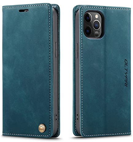 QLTYPRI Compatible with iPhone 12 Pro Max, Vintage PU Leather Wallet Case Card Slot Kickstand Magnetic Closure Shockproof Flip Folio Book Case Compatible with iPhone 12 Pro Max - Blue