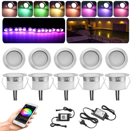 10er Bluetooth Led Bodeneinbaustrahler RGBWW Außen, Ø45mm Dimmbar Led Bodenspots Außen Terrassen Bodeneinbauleuchten Treppen Einbaustrahler, DC12V IP67 Wasserdicht Terassenbeleuchtung (RGB + Warmweiß)