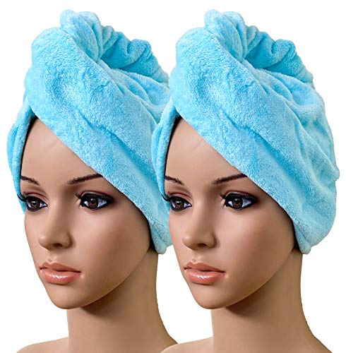 Uppsättning av 2 hårurban ljusblå turban handduk med knapp fleece handduk huvudhandduk för alla hårlängder