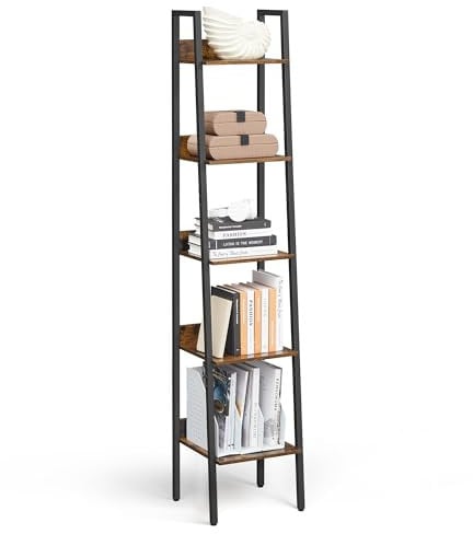 VASAGLE Bücherregal, Leiterregal 5 Ebenen, schmales Regal, offenes Standregal für Arbeitszimmer, Wohnzimmer, Schlafzimmer, Küche, Industrie-Design, vintagebraun-tintenschwarz LLS109B01