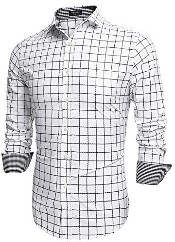 COOFANDY Mens Plaid Dress Shirt Long Sleeve Business Casual Regular Fit Button Down Shirts, White, 3XL