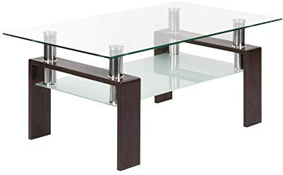 MOG CASA Mesa de Centro Porter Moderna con Tapa de Cristal Transparente y Base de Metal Nogal, Nuez/Marrón (100x60 cm)