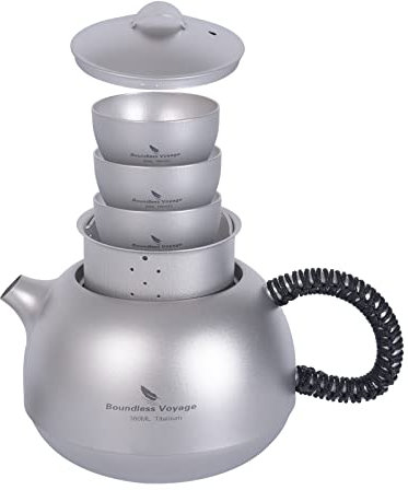 iBasingo Titan Teekannen Set mit Filter & Verbrühungsschutz Griff & Deckel Büro Teeservice 380ml Teekessel Tassen Set für den Haushalt Ultraleichter Outdoor Camping Mini Tee Wasser Macher Ti3109D