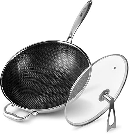 Aroma Wokpfanne aus Edelstahl, antihaftbeschichtet, mit selbstbalancierendem Deckel und Waben-Oberflächenschutz-Technologie (31,8 cm), 5 l