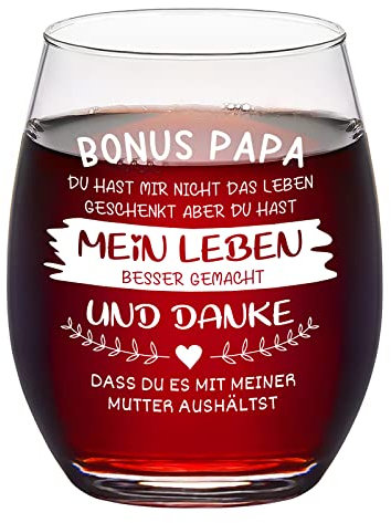 Joymaking Bonus Papa Cadeau de fête des pères – Verre à vin personnalisé avec gravure pour beau-père, meilleur papa, cadeau pour la fête des pères, un anniversaire, Noël, 450 ml