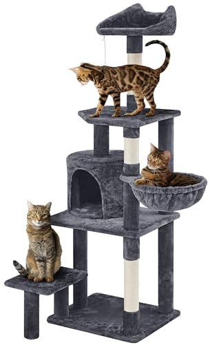 Yaheetech Árbol de Gatos con Plataforma Torre con Nido para 1-3 Gatos Medianos 48.5x40.5x145 cm Gris Claro Gris Oscuro