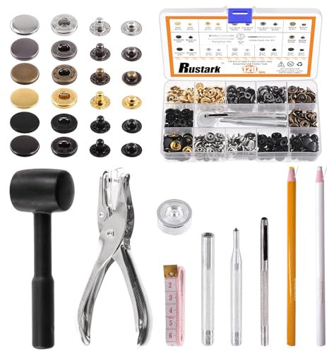 Rustark 120 Sets 12,5 mm 6 Farben Leder Druckknopf Set mit Hammer Zange und Werkzeugen, Metall Druckknopf Kleidungs Druckknopf Sortiment Set für Leder, Kleidung, Jacken, Jeans, DIY Handwerk