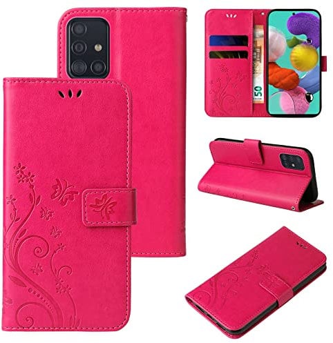 LBH Handy Hülle für Samsung Galaxy A51 Case Handytasche Schmetterling Blumen Flower Standfunktion Schutzhülle Magnet Rundum Schutz 360 Grad Flipcase Cover Pink