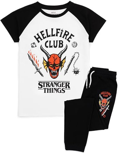 Stranger Things Kids Pyjama Set | Hellfire Club Short Sleeve T-Shirt and Black Loungepants PJs For Boys & Girls | Eddie Eleven Mike Dustin Max Members | Co-Ord Nightwear Netflix Series Merchandise