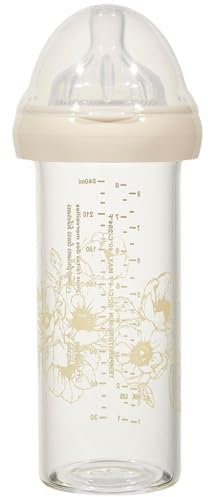 Le Biberon Français - Biberon en Verre Premium 240ml - Anti Colique 0-6 Mois - Tétine en Silicone Pur 3 Vitesses - Anti Fuite à Col Large - BPA, BPS, BPF Free - Allaitement Mixte Nouveau né