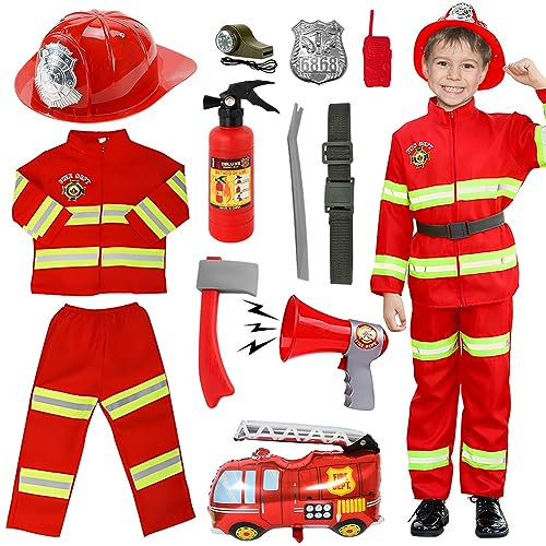 VICTERR Feuerwehrmann Kostüm Kinder, 12pcs Rollenspiel Halloween Kostüm Spielzeug für Kinder im Alter von 3-5 Jahren für Kinderschulkostüme, Kostümpartys, Weihnachts, Schul- und Heimspiele(110cm)