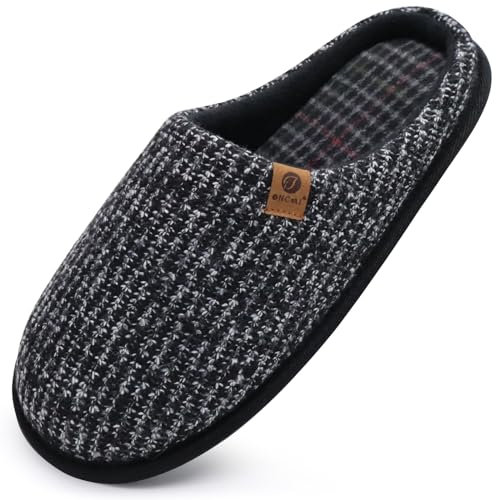 ONCAI Chaussons Homme Pantoufles à Rayures Hiver Chaussures Chaudes pour La Maison en Mousse à Mémoire de Forme, Laine en Peluche Doublée Avec Semelle en Caoutchouc Antidérapante Noir Taille 48