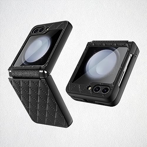 For Samsung Galaxy Z Flip5 Case, Foldable Phone Case, Premium PC Cover, Premium Leather Hinge Shockproof Protection Case, Full Protection, Galaxy Z Flip 5 Case with Build-in Camera Cover-Black
