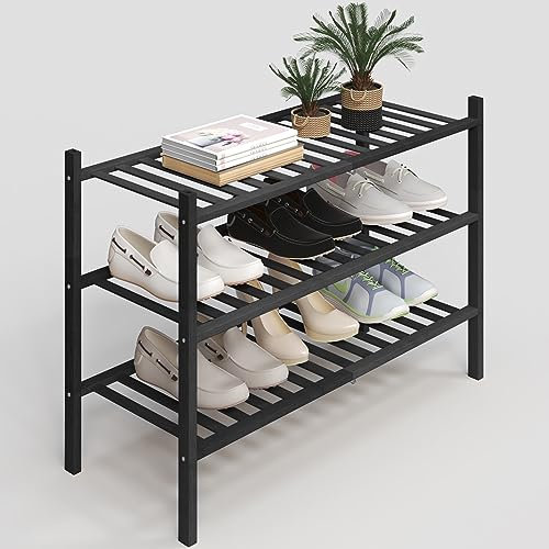Z&L HOUSE Schuhregal mit 3 Ebenen für Schrank, stapelbares Bambus-Schuhregal für Diele, Flur, Badezimmer, multifunktional, freistehend, Schwarz