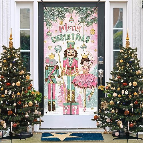 Deroro Merry Christmas Nutcracker Door Cover Decorations, Pink Xmas Tree Soldier Mouse Ballet Girl Front Door Banner Background, Winter Holiday Party Indoor Outdoor Home Decor 35.4 x 70.8 Inch
