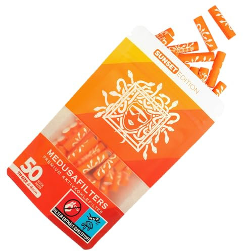 Medusafilters 50 Stück 6mm Ø Slim Premium Aktivkohlefilter mit veganen Fasercaps & Kokos Aktivkohle | Filter mit 25mm Länge made in Germany (SUNSET EDITION)
