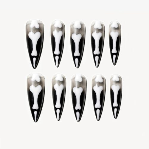 Sun&Beam Nails Handmade Press-on Long Almond Stiletto Black White Halloween Glow In Dark Skeleton Finger Design False Nail Tips 10 Pcs (#128 L)