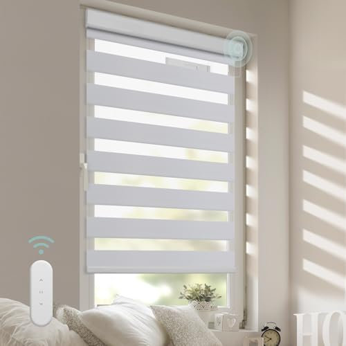 DENFOON Elektrisches Doppelrollo 100cm X 150cm, Klemmträger Für Doppelrollo, Duo Rollo mit Kassette und Fernbedienung, Höhe Stufenlos Verstellbar/Kindersicherung für Fenster