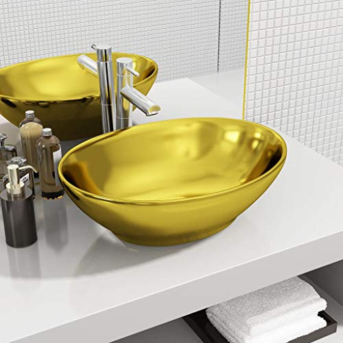 BaraSh Waschbecken 40 x 33 x 13,5 cm Keramik Golden Aufsatzwaschbecken Waschtisch Waschplatz Handwaschbecken Waschschale Becken Badezimmer