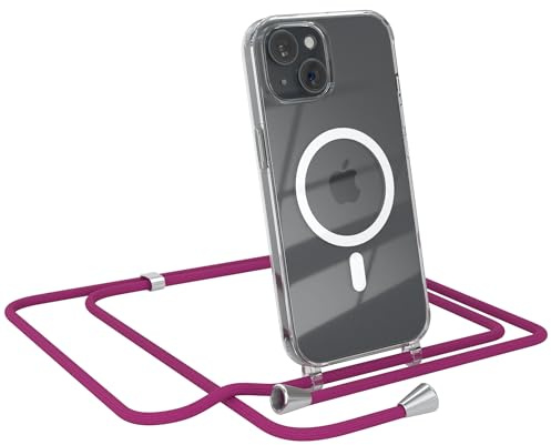 EAZY CASE - Handykette kompatibel mit iPhone 15 Kette zum Umhängen Stoßfest Handyhülle für iPhone 15 Silikon Hülle mit Band Handytasche Transparent als Fallschutz in Pink