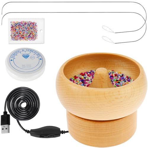 Elektrischer Holzperlen-Spinner, USB-betriebenes Spin-Perlenschüssel-Set, einstellbare Geschwindigkeit und Richtung, Spin-Perlenlader mit 2 Perlennadeln, 2000 Perlen für Armbänder, Schmuckherstellung
