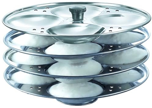 Stainless Steel Idli Stand Maker 3,4,5 Plates Rack Dhokla and Patra Tray Plates Sancha Pot For Pressure Cooker Silver (Silver 4 Tier Tray)