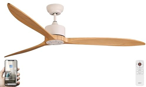 Fanelite - Brasseur d'air 164 cm blanc et bois GUANA - Moteur DC 35W - Télécommande - Wifi - Contrôles vocaux - 3 pales - Très silencieux