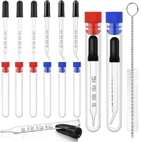 EUDSRODEMY 6 Stück 1-ml Tropfer mit 1 Reinigungsbürste, Pipette 1ml, Pipetten Glas mit Messungen Gebogener Und Gerader Spitze Kalibriert Genaue Dosierung Messung Pipettentropfer für Chemie Testlabore