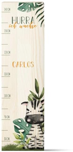 GRAVURZEILE Messlatte für Kinder aus Holz - Waldtiere Safari - mit Namen für Kinderzimmer - Skala misst 80-140 cm - Größe 20 x 70 x 2 cm - Geschenk zur Geburt für Mädchen & Jungen - Zebra
