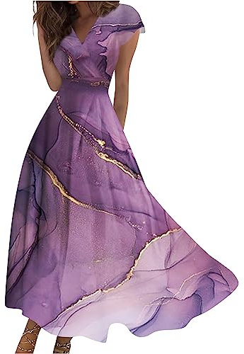 Generisch Sommerkleid Damen, Sommerkleider Damen Kleider Sommer Sommerkleid Abiballkleid Maxikleid Mittelalter Kostüm Damen Elegante Mutter Tochter Kleid Strandkleid Lang Shirtkleid (2-Violett,S)