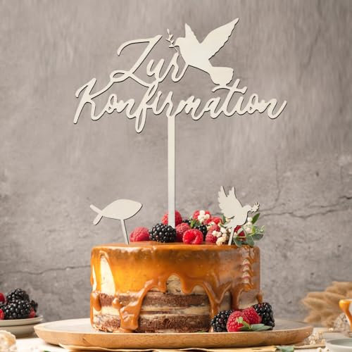 Tortendeko Kommunion Holz, Hierein 3 Stück Meine Konfirmation Cake Topper Personalisiert Kuchendekoration mit 1 Fisch, 1 Taube Konfirmation Tortenstecker Set für Erstkommunion Deko Junge Mädchen