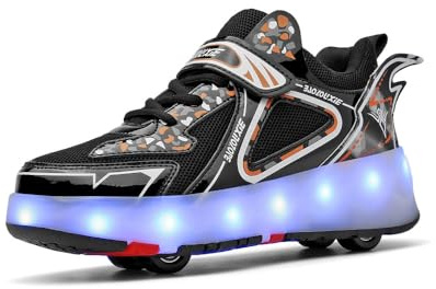 Husk'sWare Four-Wheel Roller Skates for Boys and Girls, Adjustable Youth Roller Skates, Velcro Shoes with Wheels, Black, 34 EU