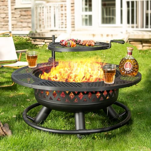 Panovue 91,4 cm große Feuerstelle mit Grill, Holzfeuerstelle für den Außenbereich mit Deckel und Feuerschürhaken, runder Metall-Feuerstelle, Tisch, 3-in-1 mit Grillrost, Outdoor-Feuerstelle für Hof,
