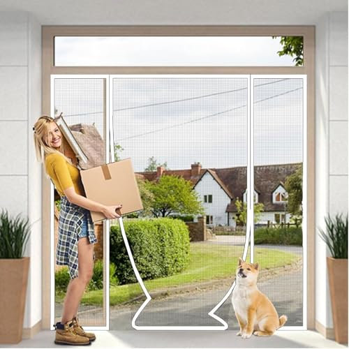 Porte moustiquaire magnétique, 190x245cm blanche, porte moustiquaire à double ouverture avec maille robuste, pliable, l'air peut circuler librement