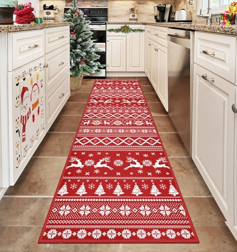 Capslpad Christmas Hallway Runner Rug 65x240cm Xmas Elk Kitchen Rugs Runner Non-Slip Washable Boho Christmas Tree & Snowflakes Decorative Carpet for Entryway Laundry Room Bedroom Holiday Decor, Red
