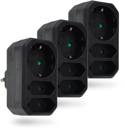feletec 3-fach Steckdosenadapter 1x Schuko, 2x Euro, schwarz, 3 Stück, Mehrfachstecker, Mehrfachsteckdose
