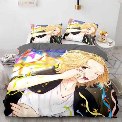 Anime Revengers Figur Grau Bettbezug 135x200cm, Kinder Bettwäsche Set Mircofiber Bettbezug 2/3pcs Mit Kissenbezug Und Reißverschluss (A5,135x200 cm + 80x80 cm)