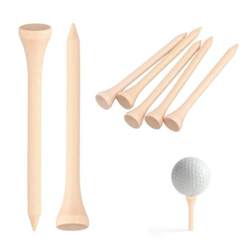 PTJJXA 100 Pièces Tee de Golf en Bois, 70mm Long Tees Golf, Tee Golf en Bambou, Tees de Golf Biodégradables Blanc pour Driver Golf Tapis Golf (Wood)