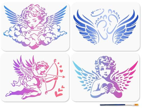MAYJOYDIY 4 Stil Engel Amor Schablonen 29.7 × 21cm Wiederverwendbare Engelsflügel Schablone Zum Basteln Valentinstag Malvorlage Mit Pinsel Für Boden Wandfliesen Stoff Möbeldekoration