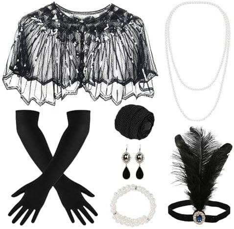 Meleager 20er Jahre Accessoires Damen, Gatsby Accessoires Damen, Charleston Kopfbedeckung Lange Schwarze Handschuhe, 1920er Accessoire für Karneval, Partys