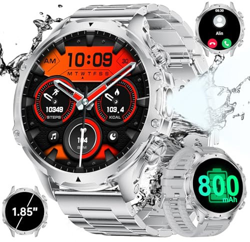 SUNKTA Smartwatch Herren Militär,1,85'' HD-Display/800 mAh Akku Sportuhr mit Taschenlampe/100+ Sportmodi,IP68 Wasserdicht Fitnessuhr mit Herzfrequenz,SpO2,Schlafmonitor für Android/iOS 2 Armbänders