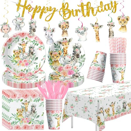 Srua Don Safari Birthday Decorations Girl Jungle Animal Party Supplies Pink | Safari Jungle Party Decorations for Birthday Baby Shower, Paper Plate, Napkin, Cup, Tablecloth, Banner, Swirls, Serves 24