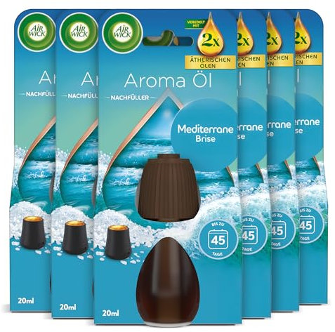 Air Wick Aroma-Öl Flakon Nachfüller – Duft: Mediterrane Brise – Zitrischer Wohnungsduft mit ätherischen Ölen – 6 x 20ml Duftöl Set