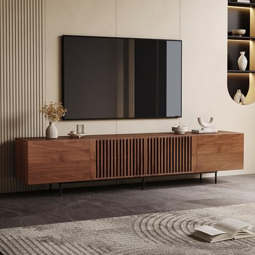 Meuble TV Mid-Century Modern pour téléviseur de Plus de 80 Pouces – Meuble Bas TV avec Espace de Rangement – Centre de Divertissement en Noyer pour Salon et Chambre à Coucher (180)
