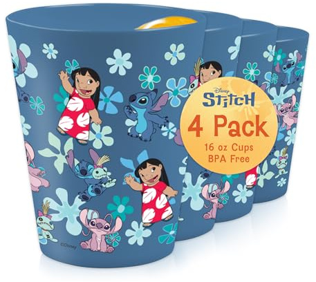 Disney Reusable Plastic Cups – 4 Pack 16 oz Plastic Drinking Glasses with Mickey, Stitch, Pooh, or Disney100 Designs – BPA-Free, Stackable, Top Rack Dishwasher Safe Tumblers for Water, Juice & More
